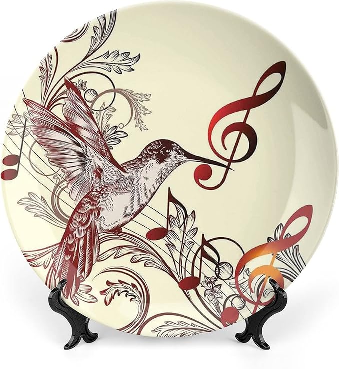 XISUNYA 6 Inch Decorative Plate, Hummingbirds Porcelain Plate, Flying Bird Musical Print Ceramic Wall Hanging Decor Accessory for Dining Table Tabletop Home Decor