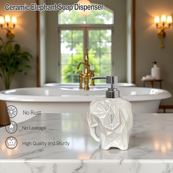 Elephant Soap Dispenser, Geometric Ceramic Lotion Dispenser, Caahanjia White Hand Soap Dispenser, Refillable Liquid Dispenser for Bathroom and Kitchen (Elephant White)