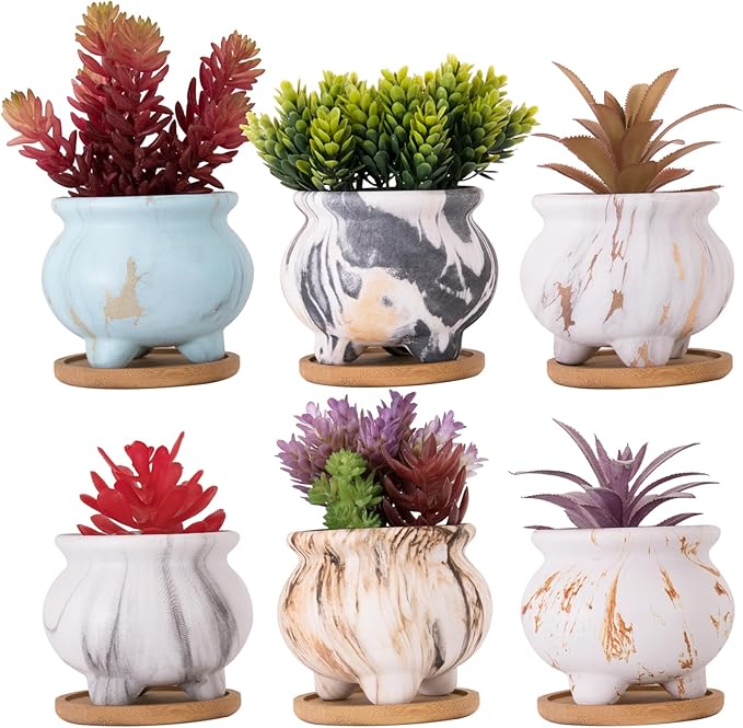 ARTKETTY Succulent Pots - 3.8 Inch Marble Plant Pot with Drainage Trays Set of 6, Small Ceramic Pots for Indoor Cactus Flower Plants Decorative Garden Home Office