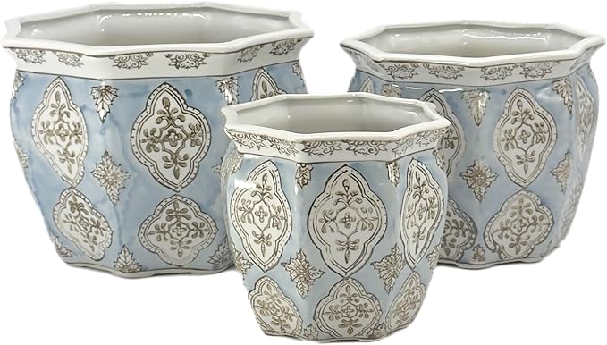 Galt International Light Blue & White Round Fluted Floral Porcelain Ceramic Plant Flower Planter Pot Set of 3 (7.5", 10", 13") Garden Pots Chinese Asian Design