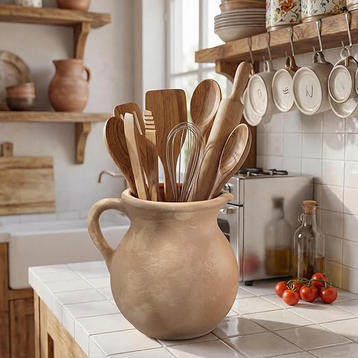Rustic Kitchen Utensil Holder with Handle,7.48" H Ceramic Vintage Utensil Crock for Countertop, Farmhouse Kitchen Decoration Ceramic Pot for Spatulas Spoons Tongs(Classic,Antique Beige)