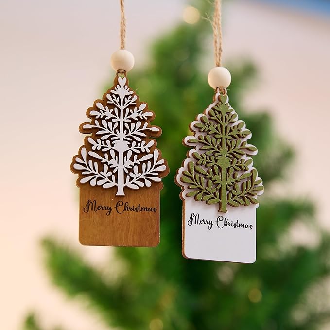 NGHYANA Merry Christmas 3D Wooden Tree Ornaments Set for Holiday Decor 4 Inch Rustic Hanging Decorations