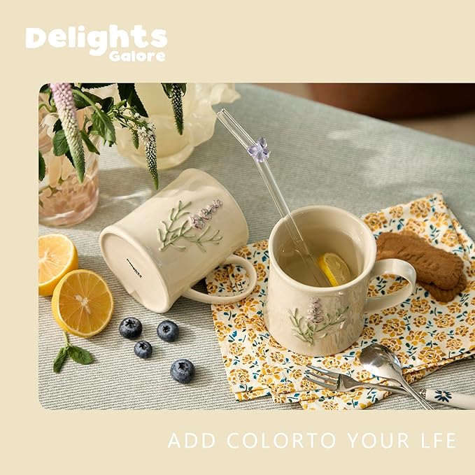 Artisanal Handcrafted Ceramic Mug with Sage Botanical Design - 10oz Off-White Stoneware Coffee Cup, Elegant Purple Sage Pattern, Dishwasher Safe, Comfort Grip Handle for Daily Use-2pack