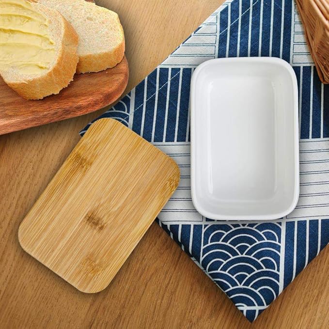 Porcelain Butter Dish with Bamboo Lid, Ceramic Butter Keeper Container for Countertop or Refrigerator, Heat Resistant Kitchen Butter Storage Dish, White (300ml)