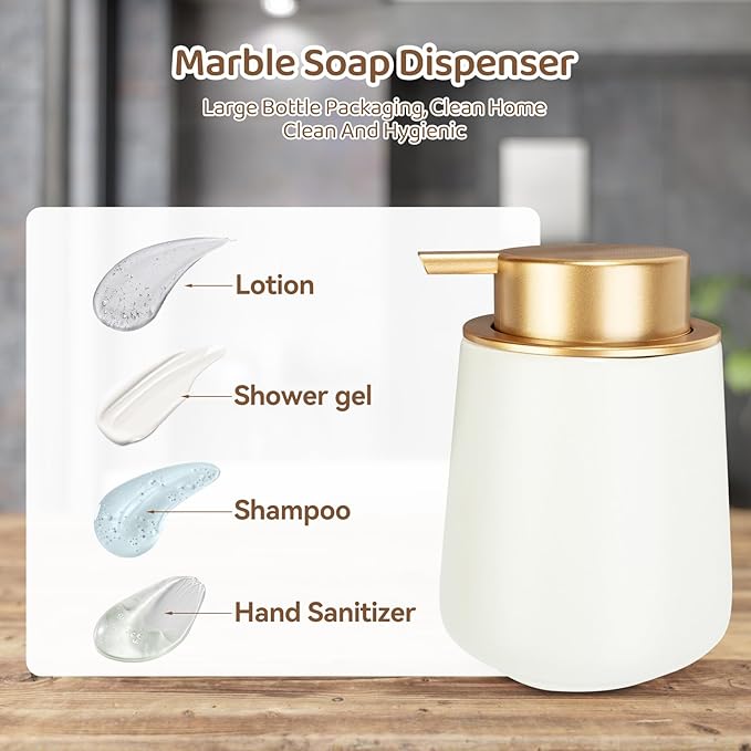 Simcat Hand Soap Dispenser Marble Dish Soap Dispenser Countertop Hand Lotion Pump Bottles Ceramic Lotion Container Refillable Liquid Hand Soap Jar Shower Dispenser for Bathroom Kitchen (Matte White)