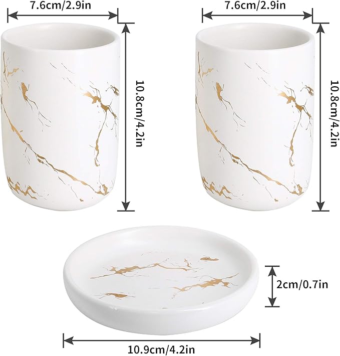 White Marble Ceramic Bathroom Set (4-Piece) - Elegant Soap Dish, Gold Pump Dispenser & Tumblers for Vanity, Sink & Bathroom Decor