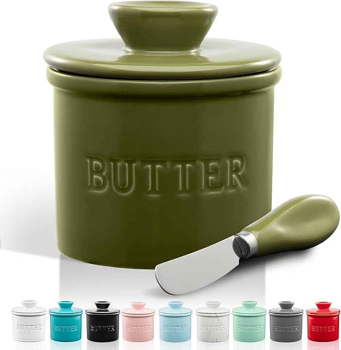 Zulay Kitchen Bell Shaped Butter Crock with Lid for Countertop with Water Line & Spreader Knife, Ceramic French Butter Dish Keeper For Fresh, Soft & Spreadable Butter - Cypress Green