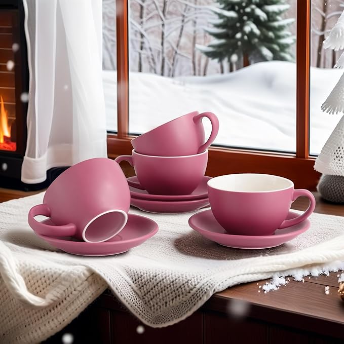 Yundu Matte Purple Cappuccino Cups Set of 4-10oz Ceramic Latte Mugs with Saucers, Elegant Espresso Cups for Coffee & Tea