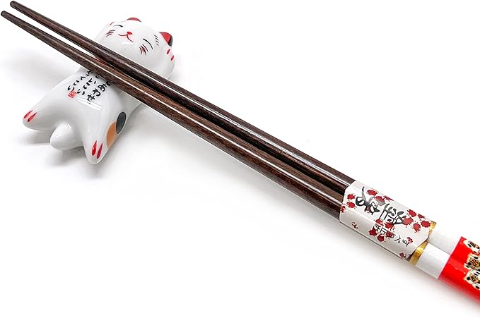 Wooden Chopsticks Reusable 5 Pairs Gift Set with 5pcs porcelain rest Lucky Cat Design Hand-Made 8.8 Inch/22.5cm