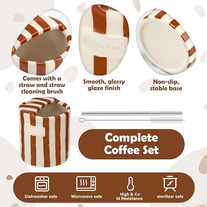 1 Pack Ceramic Coffee Mug with Sip Hole Espresso Cup 10oz with Straws Retro Hand Painted Striped Porcelain Coffee Tea Cup Cappuccino Latte Mug for Kitchen Dining Travel (Brown)