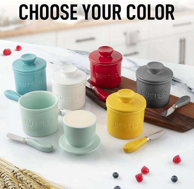 Zulay Kitchen Bell Shaped Butter Crock with Lid for Countertop with Water Line & Spreader Knife, Ceramic French Butter Dish Keeper For Fresh, Soft & Spreadable Butter - Gray