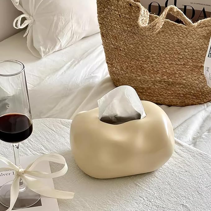 Decorative Ceramic Tissue Box Cover Modern Sculptural Design Creative Tissue Holder Smooth Finish for Home Office Bathroom (White)