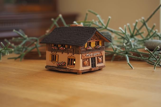 Ceramic Houses and Villages Collection - Christmas Village Collectible House Miniature Historic Butcher's in Bavaria Tealight Candle Holder, Room Décor, Handcrafted Essential Oil Burner
