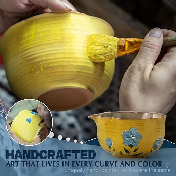 Matcha Whisk Set, 7Pcs Matcha Set with Hand-Painted Ceramic Matcha Bowl, Matcha Whisk and Holder, Scoop and Rest, Sifter, Tea Towel, Artisan Matcha Kit for Ceremony & Gifting (Yellow)