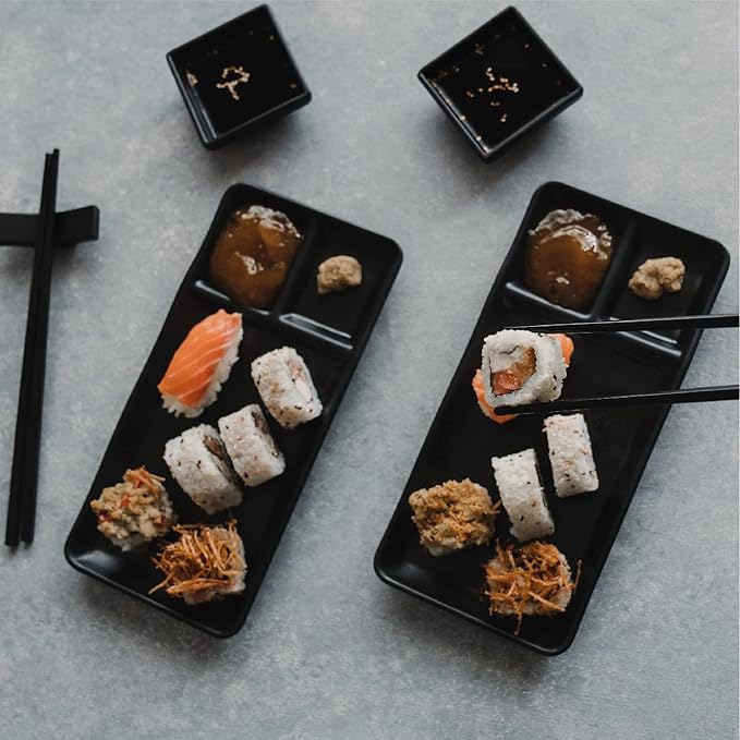 Sushi Serving Set, with 4 Japanese Sushi Serving Plate, 4 Soy Sauce Dish, 4 pairs of chopsticks and 4 chopsticks stands- Melamine Serving Set for Sushi (Black)