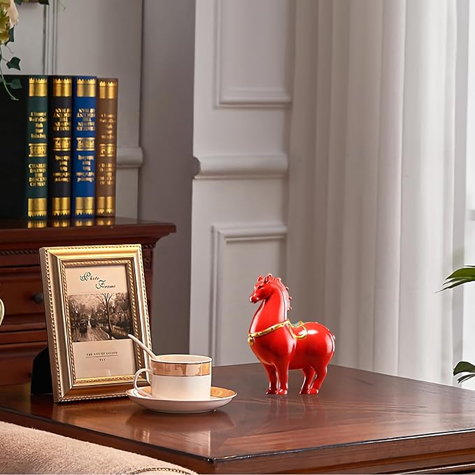 Horse Figurine Red Ceramic Horse Statue with Gold Trim Decorative Tang Asian Inspired Home Decor for Living Room, Study & Office Collection