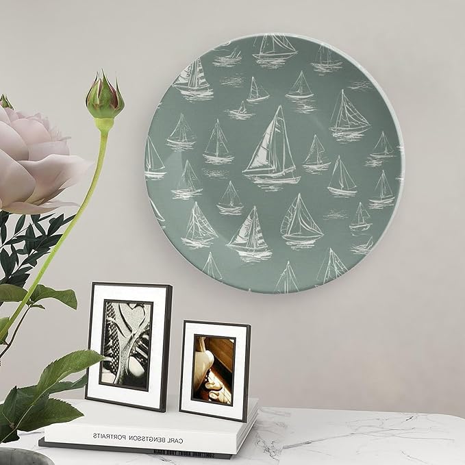 Personalized Gifts Plates Ceramic, Sail Boats Nautical Teal Dinner Plates Table Including Bracket And Special Hook, Antique Decor for Wedding Art Decoration Festival, 6", 7", 8", 10"