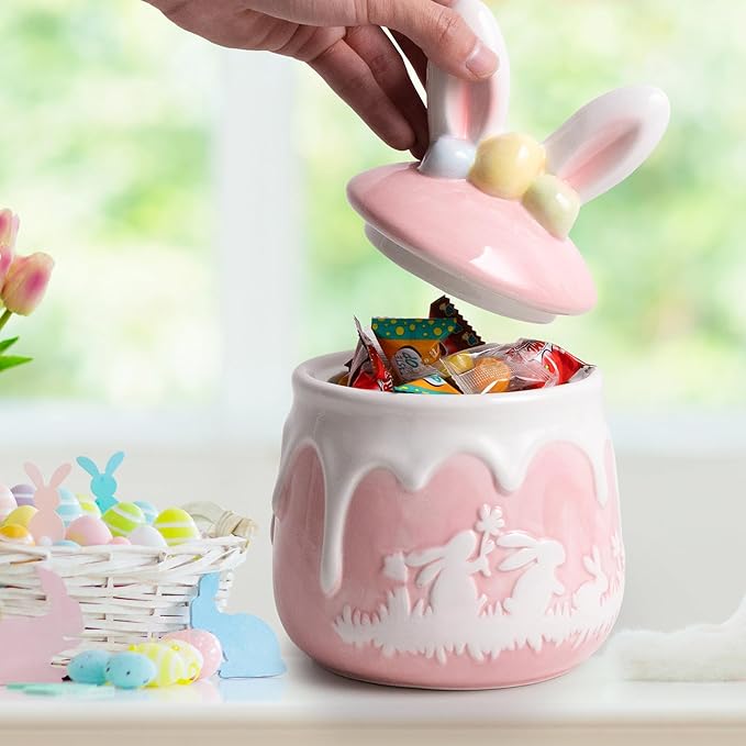 Bunny Cookie Jar, Easter Candy Jar with Lid, Embossment Bunny Decorative Ceramic Storage Container Jar, Pink and White Easter Bunny Decorations for Home Kitchen Indoor Best Easter Gift