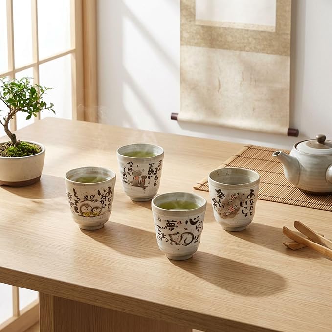 Product of Gifu Japan Mino Yaki(Ware) ceramic Handmade Japanese Tea Cups Sake Green Tea Yunomi Tea cup Mug, Japanese Poem Design(Rabbit, Owl, Cat, Jizo), Gray 6.1 fl oz