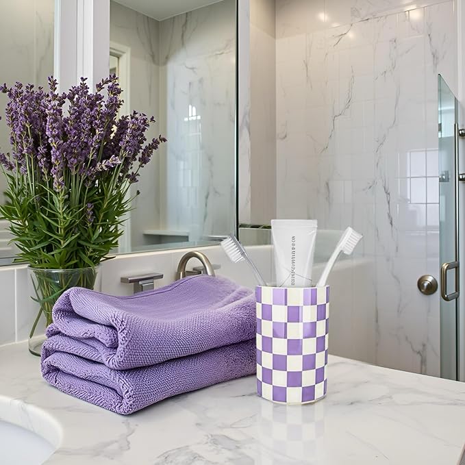 Ceramic Toothbrush Holder, Purple Tooth Brush Holders for Bathrooms, Lavender Bathroom Accessories, Modern Cute Tooth Brush Tumbler/Cup, Toothbrushes Toothpaste Storage Dispenser for Countertop