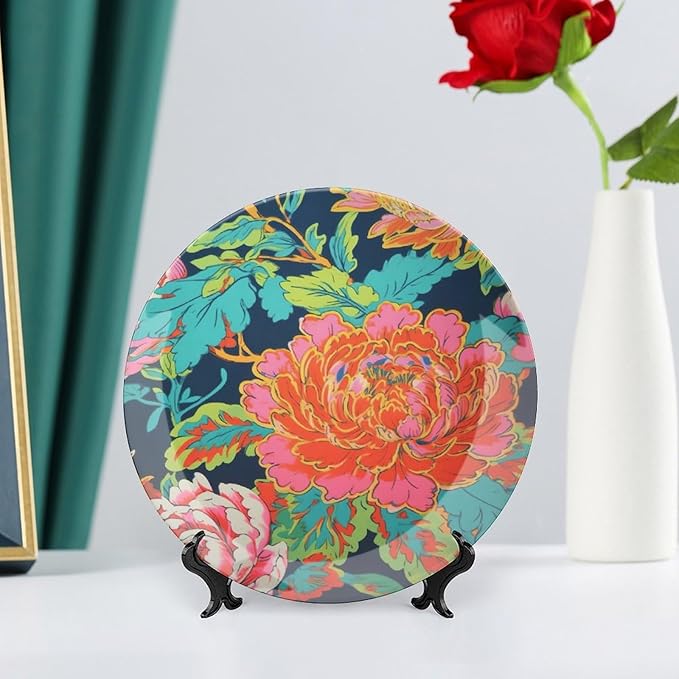 Red Chinoiserie Peony Floral Ceramic Decorative Plate for Display Peony Chinoiserie Kitchen Wedding Supplies Club Home Holiday Party Decorations Personalized Gifts for Men Women Christmas