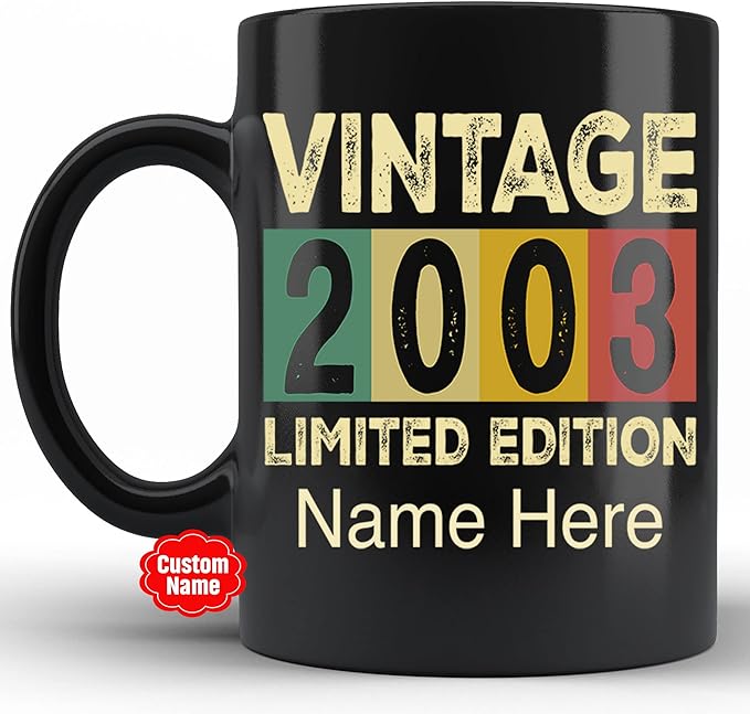 PREZZY Vintage 2003 Limited Edition 20th Birthday Decorations Personalized Gifts for Women Men Mothers Day Fathers Day Gift 20 Year Old Birthday Mug Customized Name Ceramic Black Tea Cup 11oz 15oz