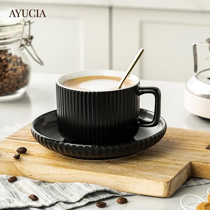8 Ounce Cappuccino Cups Set of 4, Latte Mugs with Saucers and Spoons, Black Ceramic Coffee Mugs Tea Cups for Cappuccino Latte Mocha Au Lait Macchiato Cafe