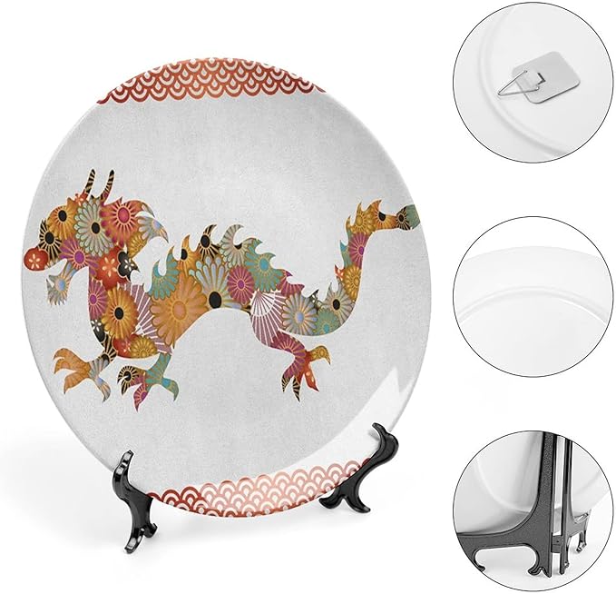XISUNYA 10 Inch Decorative Plate, Dragon Ceramic Plate, Floral Ornamental Dragon Body Classic Japanese Wavy Print Ceramic Wall Hanging for Home Office Party Dinner Table Decor