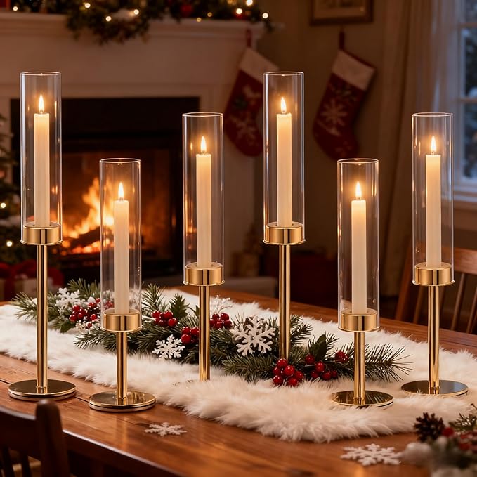 Gold Hurricane Candle Holders Set of 6, Tall Metal Windproof Glass Taper Candle Holder for Candlestick, Candle Sticks Decor, Table Centerpieces for Wedding, Candlelit Dinner Party Fireplace Decoration