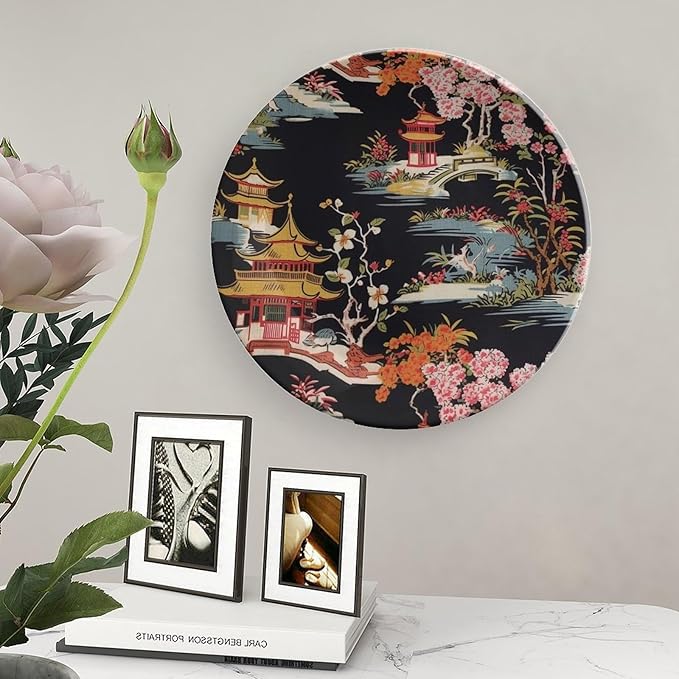 Chinoiserie Charcoal Coral Pagoda Asian Fashion Plates, Asian Style Chinoiserie Pagoda Customize Decorative Plate for Office Wedding Decor, with Vertical Stand Art Decor for Festival Club