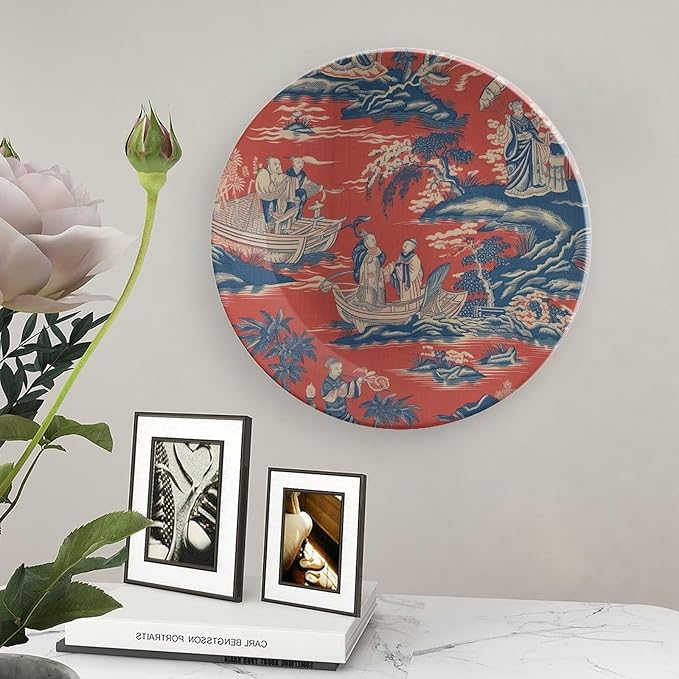 China Plates Cheng Toile Dynasty Red Chinoiserie Personalized Decor for Festival Housewarming Gifts Wedding Household Ceramic Craft for Decorative Ornaments with 1 Display Stand, Gifts for Men Women