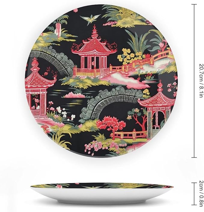 Chinoiserie Charcoal Coral Pagoda Asian Ceramic Decorative Plate, Personalized Ancient China Chinoiserie Pagoda Ceramic Display Plate, Festival Household Decorations Office, Unique Art with Stand
