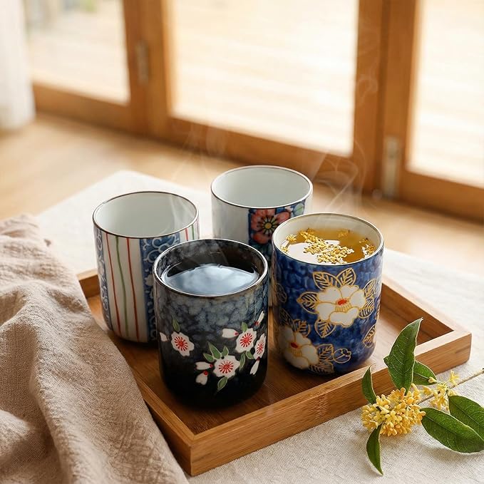 Set of 4 Japanese Tea Cups, 10 Oz Ceramic Handleless Coffee Mugs, Compact Ceramic Tea Cup Floral Pattern for Tea Matcha Latte Juice Gifts, Microwave Dishwasher Safe