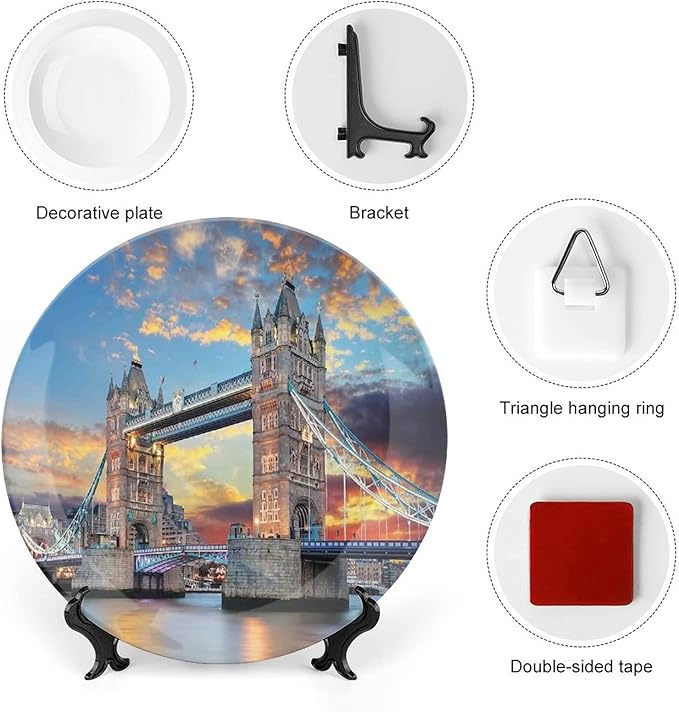 XISUNYA 10 Inch Decorative Plate, London Dinner Plate, Vista of Tower Bridge at Dramatic Sunset Thames River Print Ceramic Wall Hanging Decor Accessory for Dining Table Tabletop Home Decor