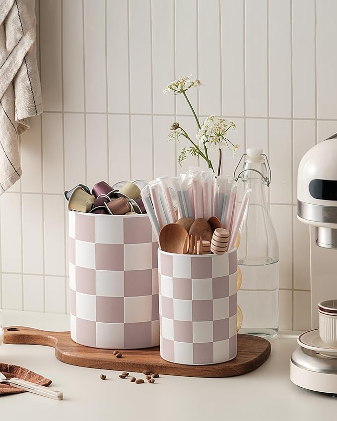 Utensil Holder，7.1"+5.8" Ceramic Kitchen Utensil Holder for Counter top, Checkered Cooking for Spatula & Spoon, Kitchen Decor, Set of 2 (Purplish-pink Checkered)