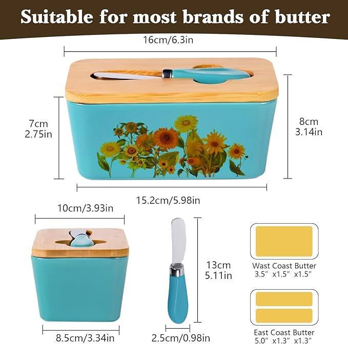 Sunflower Butter Dish with Lid,Large Butter Crock Keeper Saver,Ceramic Butter Container for Countertop with Highly Sealed Silicone Thick Wooden Lid for Kitchen Farmhouse Decor (Thin Blue, Sunflower)