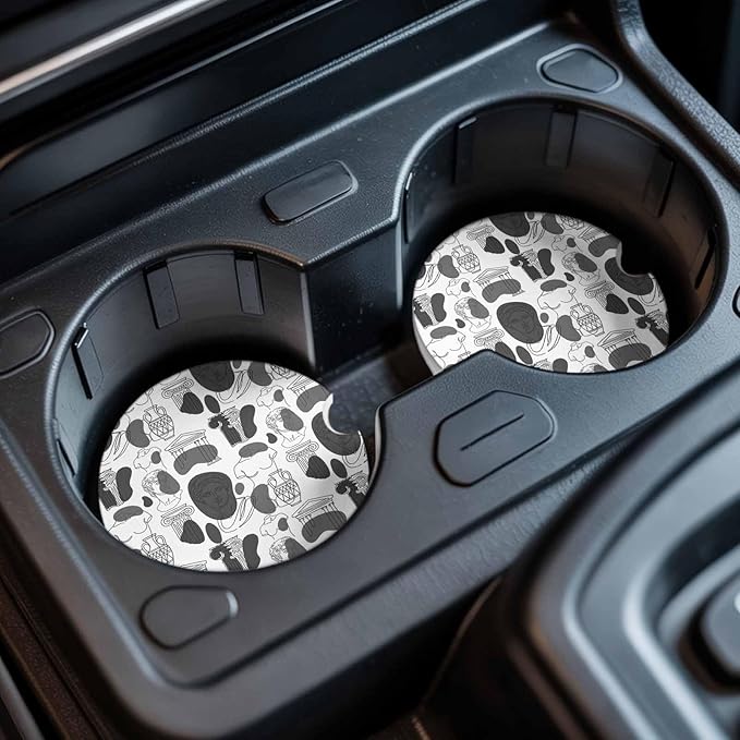 Modern Abstract Car Coasters Pack of 4 Grey Classical Ancient Greek Sculptural Heads Absorbent Ceramic Car Cup Holder Coaster Insert Drink Holder SUV Interior Accessory with Finger Notch