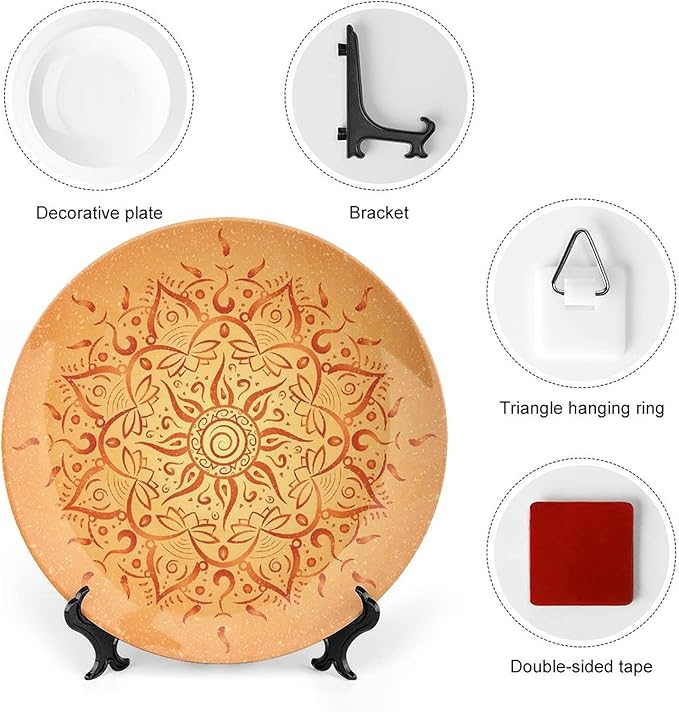 10 Inch Decorative Plate, Lotus Ceramic Stoneware, African Tribal Sun Pattern Primitive Figures Icon Print Ceramic Wall Hanging Decor Accessory for Dining Table Tabletop Home Decor, Dark Orange