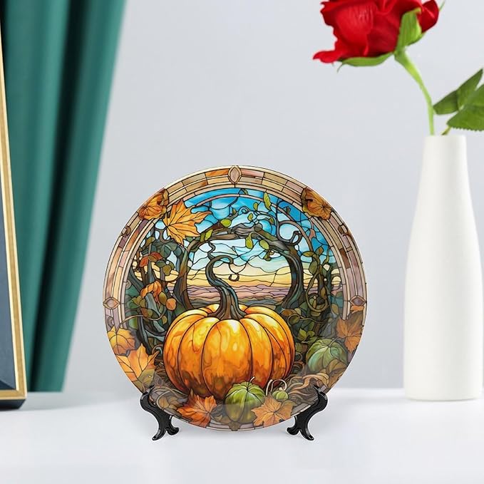 Decorative Plates for Wall Hanging, Fall Maple & Pumpkin Stained Glass Design Ceramic Plate w/Display Stand, Home Decor for Kitchen Cabinets, Farmhouse Round Tray 7 Inch, Gift for Thanksgiving