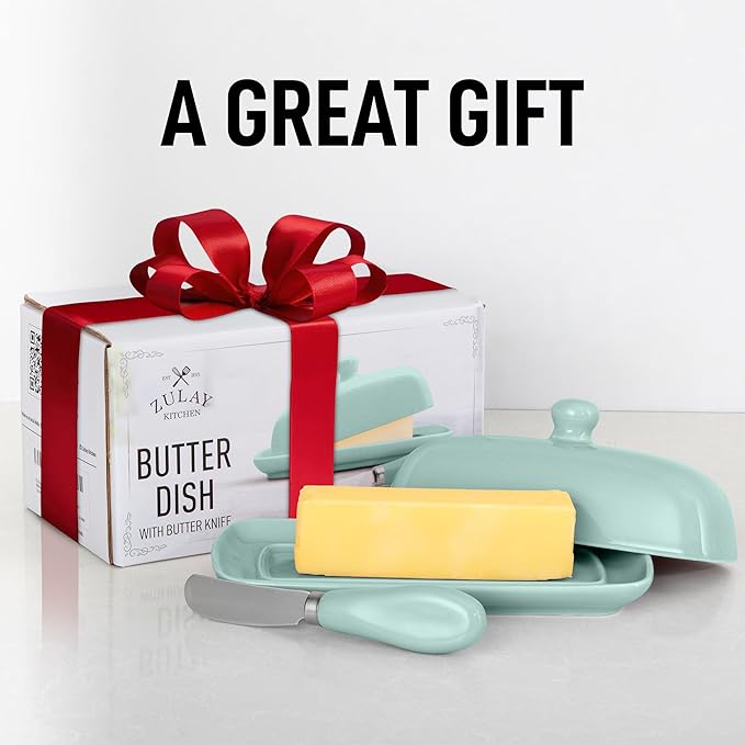 Zulay Butter Dish With Lid For Countertop - Porcelain Mint, Ceramic Butter Dish with Knob Handle Great for Cooking - Elegant Design Butter Holder - Durable & Sturdy Butter Keeper - Mint