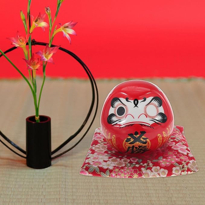 Cabilock Ceramic Tumbler Figurine Japanese Lucky Ornament Red Desktop Decoration Feng Shui Home Accent for Prosperity and Blessing Random Style