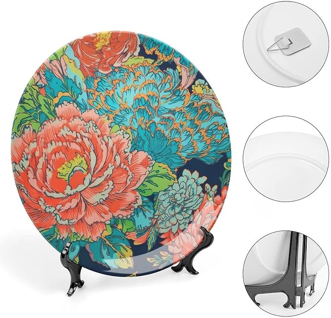 Ceramic Decorative Plate Chinoiserie Peony Floral Personalized Decor for Farmhouse Club Art Decoration Wall Ceramic Dinner Plate with Vertical Stand, Multi Sizes by Choosing, Gifts for Men Women
