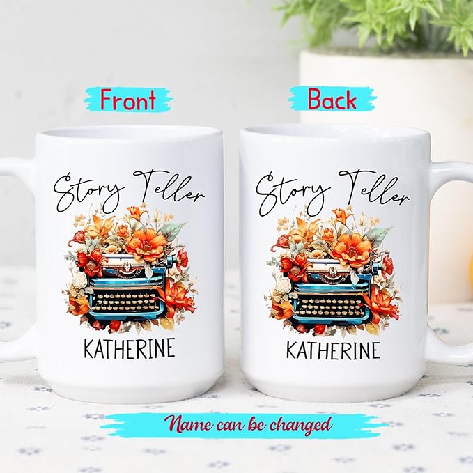 Personalized Writer Ceramic Coffee Mug, Story Teller White Teacup 11 Oz 15 Oz, Customized Name Writer Coffee Cup, Storyteller Mug Gifts for Author Novelist Journalist Writer, Awesome Typewriter Cup