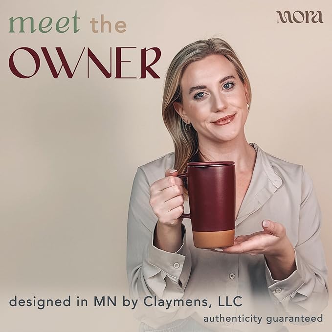 Mora Ceramics Large Tea Mug with Loose Leaf Infuser and Ceramic Lid, 18 oz, Portable, Microwave and Dishwasher Safe, Tall Coffee Cup - Rustic Matte Ceramic Glaze, Modern Herbal Tea Strainer, Merlot