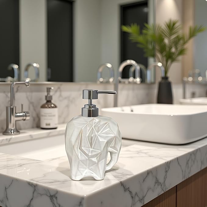 Elephant Soap Dispenser, Geometric Ceramic Lotion Dispenser, Caahanjia White Hand Soap Dispenser, Refillable Liquid Dispenser for Bathroom and Kitchen (Elephant White)
