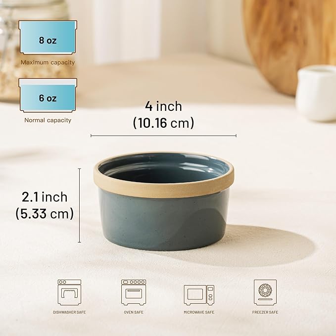 Ramekins 8 Oz Oven Safe, Ceramic Creme Brulee Souffle Dishes, Pudding Custard Cups Ramekin For Baking, Small Dipping Sauce Bowls, Set of 6, Microwave and Dishwasher Safe (Artisan Colors)