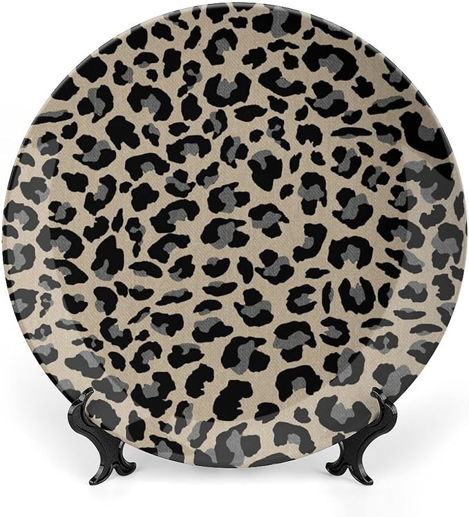 Leopard Animal Print Black in Brown Background China Plates, Animals Wildlife with Textures Customize Wall Art Hanging Plate for Office Wall Home Decor, with Vertical Stand Art Decor for Wedding