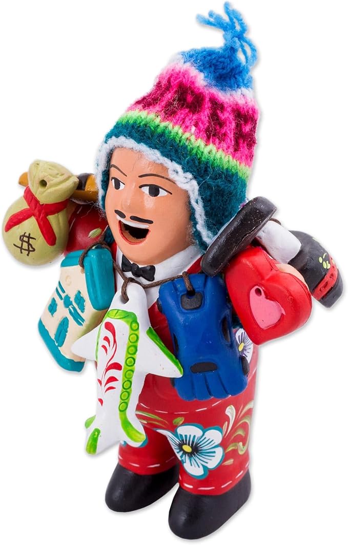 NOVICA Artisan Handmade Ceramic Figurine Ekeko Sculpture with Wool Cap from Peru Red People Portraits Floral [6in H x 4.3in W x 2.8in D] ' Ekeko of Abundance in Red'