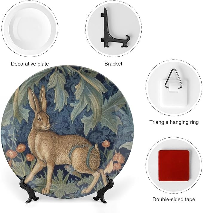 Forest Rabbit Floral Art Nouveau Fashion Plates, Custom Design Collector Plates for Housewarming Gifts Home Kitchen Decor, Including Bracket And Special Hook Art Decorations for Household Wall
