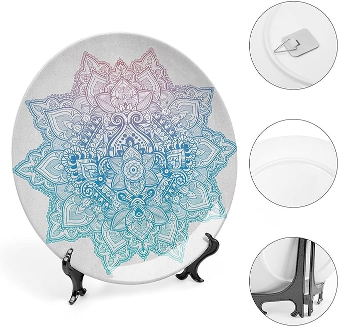 XISUNYA 10 Inch Decorative Plate, Lotus Round Porcelain, Bohemian Tattoo Zen Pastel Toned Mandala Abstract Lotus Print Ceramic Wall Hanging for Home & Office Wall Hanging Decor, Lilac Pale Blue